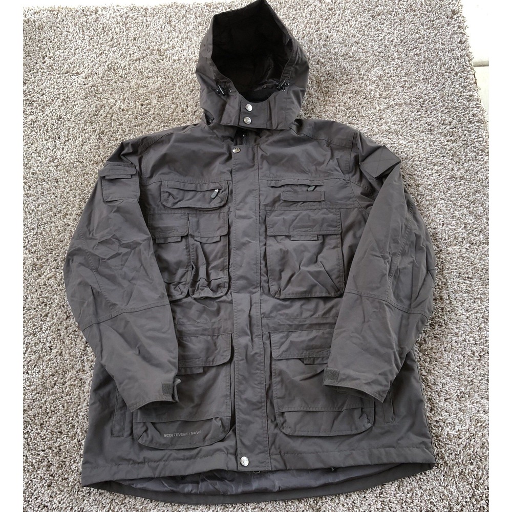 Scottevest Jacket Mens Size XL Gray TEC Travel Parka Hooded Multi Pocket Outdoor